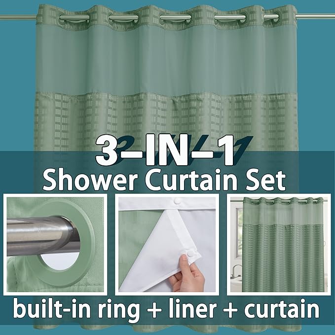 Conbo Mio Extra Wide No Hook Sage Green Shower Curtain with Snap in Liner Set, 108" x 74" Hotel Luxury Shower Curtains for Bathroom with See Through Top Window, Waterproof, Washable 108W x 74H