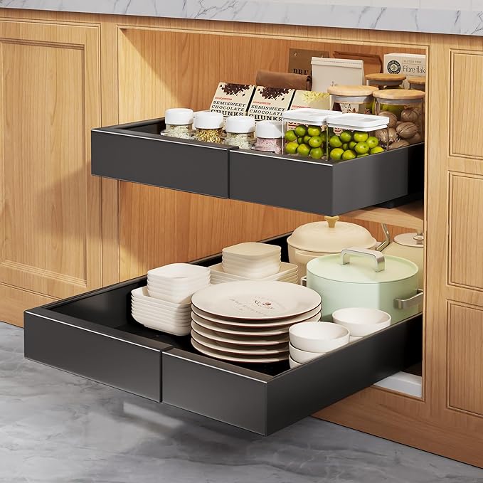 2 Pack Pull Out Cabinet Organizers 21" Deep With Raising Pad for Framed Cabinets, Expandable Width (9"-14") Slide Out Drawers Upgrade 3 Slide Rails, Roll Out Shelves Adhesive, Black