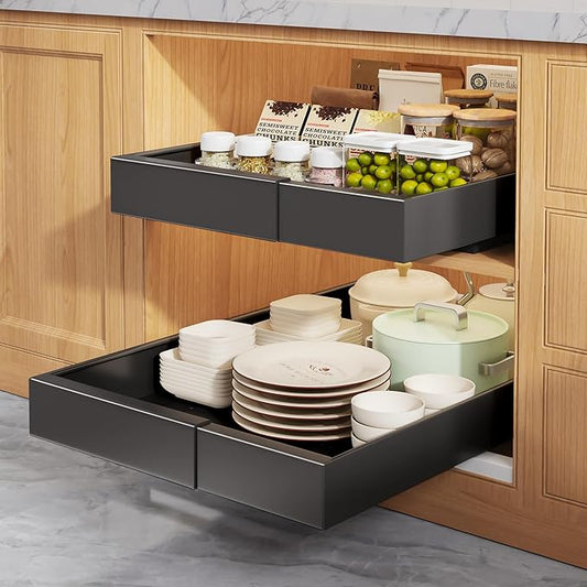 2 Pack Pull Out Cabinet Organizers 21" Deep With Raising Pad for Framed Cabinets, Expandable Width (9"-14") Slide Out Drawers Upgrade 3 Slide Rails, Roll Out Shelves Adhesive, Black