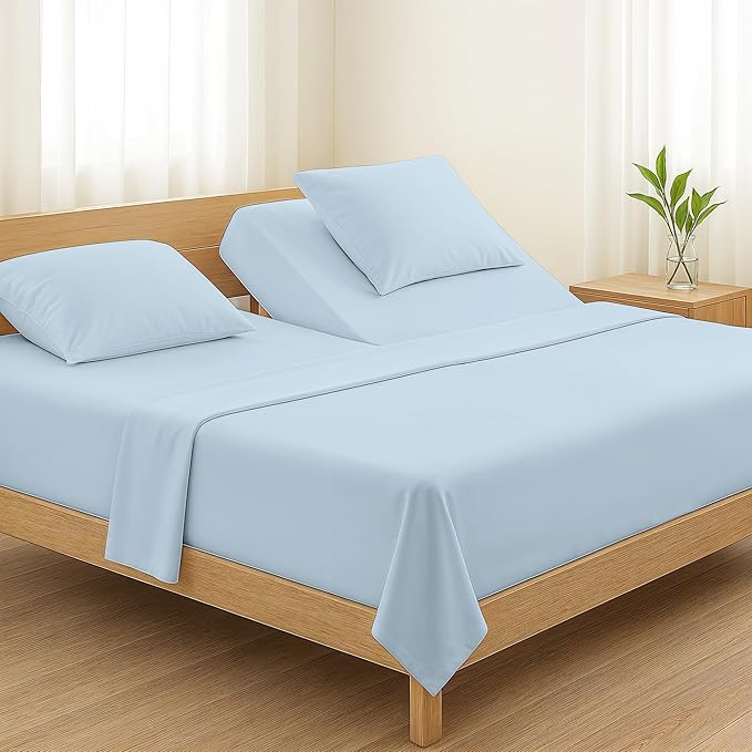 TEXAS LINEN CO. Egyptian Cotton Split King Sheet Set - 800 Thread Count 5 PC Light Blue Sheets for Adjustable Bed, Extra Long Staple Soft Cooling Sheets, Luxury Hotel Sheets, 16" Deep Pocket Bedsheet