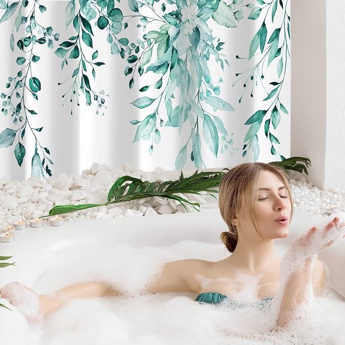 Gibelle Small Stall Shower Curtain 36 x 72, Narrow Teal Floral Shower Curtain for Bathroom, Watercolor Plant Eucalyptus Leaves Fabric Shower Curtain Set with Hooks