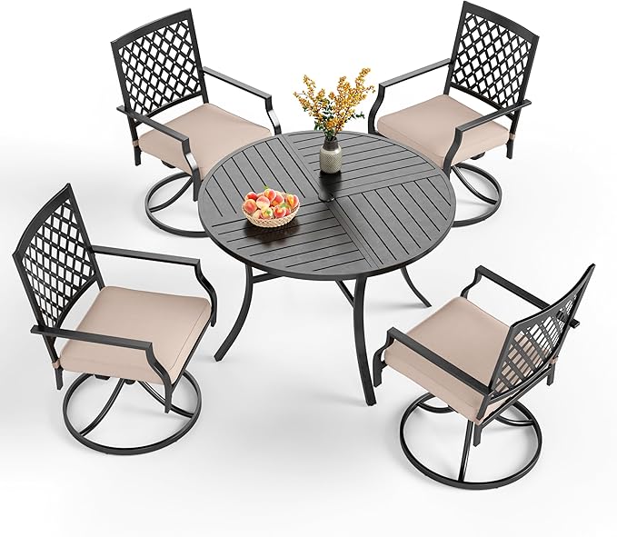 PHI VILLA 5 Pieces Outdoor Dining Set for 4, Round Metal Steel Table with Umbrella Hole & Swivel Wrought Iron Chairs with Cushions, Large Modern Furniture for Patio, Deck, Backyard, Porch