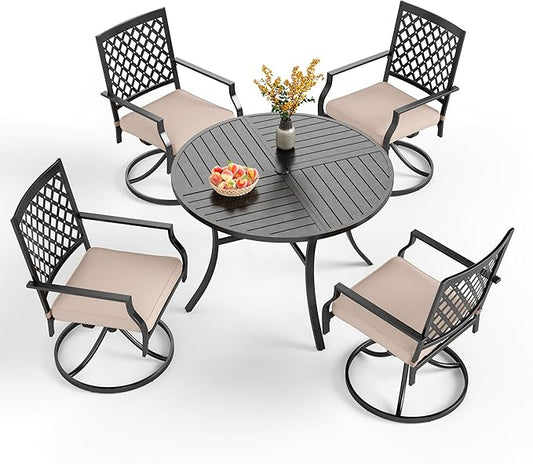 PHI VILLA 5 Pieces Outdoor Dining Set for 4, Round Metal Steel Table with Umbrella Hole & Swivel Wrought Iron Chairs with Cushions, Large Modern Furniture for Patio, Deck, Backyard, Porch