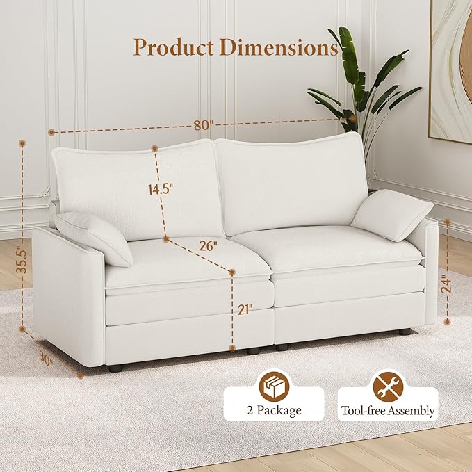 Vesgantti 74" Loveseat Sofa for Living Room, Comfy Cloud Couch Deep Seat Chenille Modern 2 Seater Small Sofa with Armrest Pillow, Easy Assembly for Small Spaces, Snow White