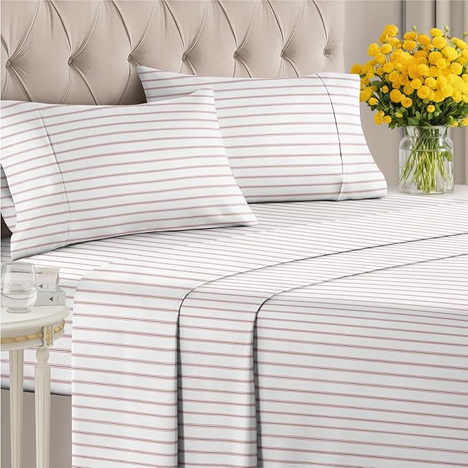 Striped Sheets - Red & White Striped Sheets - 1 Flat & 1 Fitted & 2 Pillowcases w/ Deep Pockets – Wrinkle & Fade Free - Ultra-Soft, Breathable & Cooling – Luxury Pinstripe Bedding - Queen Size Bed Set