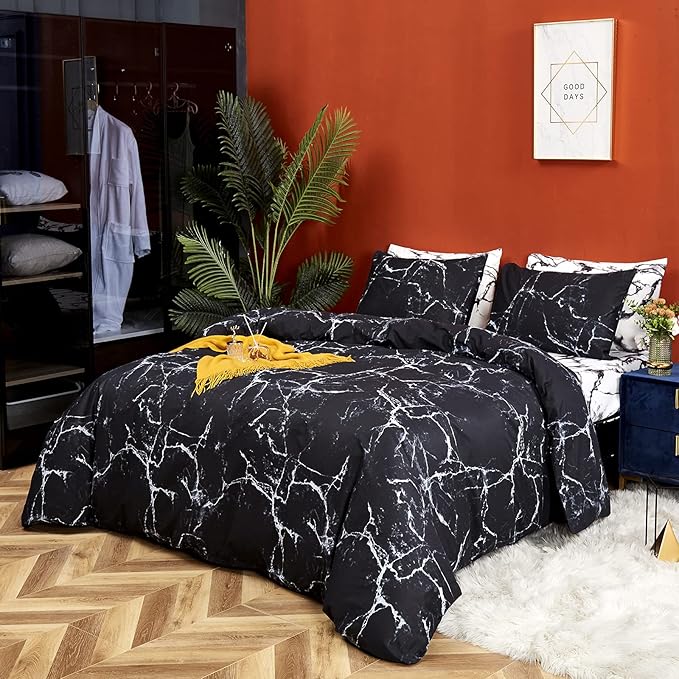 CLOTHKNOW Black White Comforter Set Twin/Twin XL Black Marble Bedding Comforter Sets Black Comforter Abstract Bedding Soft Quilt Set