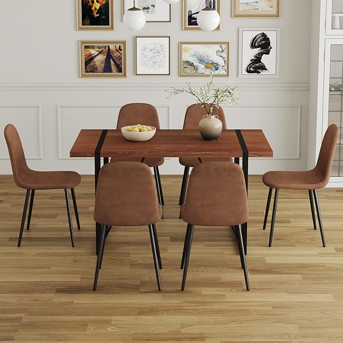 Dining Table Chairs Set for 6, Modern Rectangular Dining Room Table Set PU Leather Upholstered Dining Chairs 55" Dinner Table Set for Kitchen, Dining Room (Brown1, 55 inch Table + 6 Chairs)