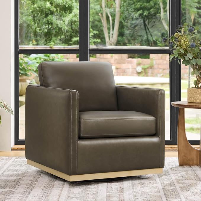 CHITA Genuine Leather Swivel Accent Chair, FSC Certified Mid Century Modern Arm Chair for Living Room and Bedroom, Fully Assembled, Mink Brown