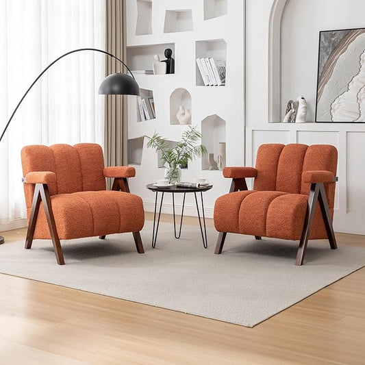 Mid Century Modern Accent Chairs Set of 2 with Solid Wood Frame, Boucle Upholstered Living Room Chairs with Thick Cushion, Comfy Tufted Arm Chair for Bedroom, Orange