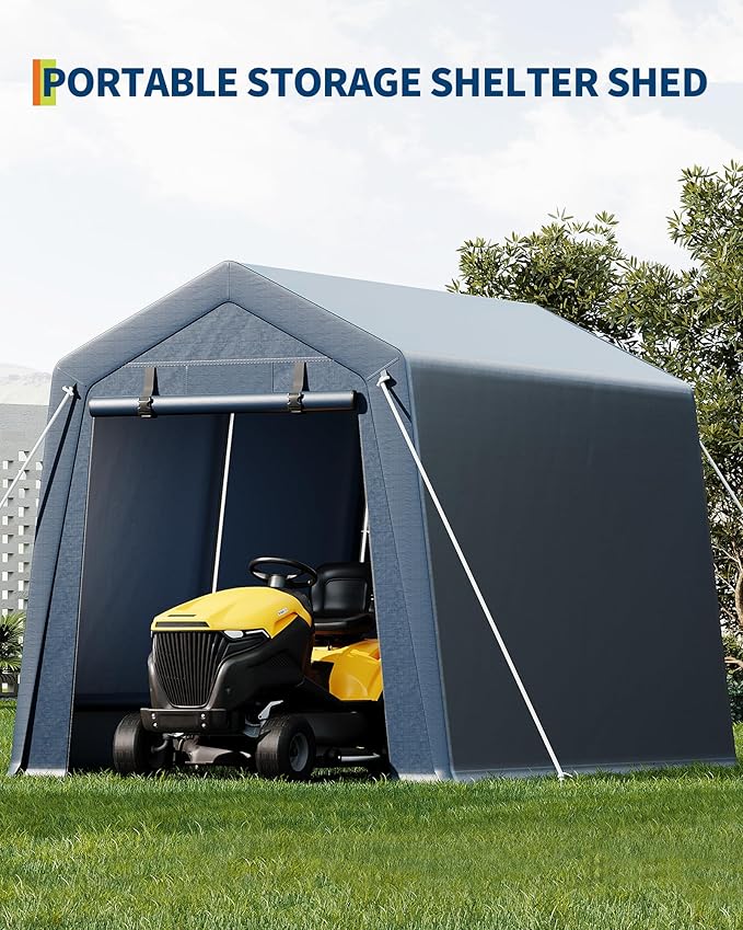 7x12 FT Outdoor Portable Storage Shelter Shed,Heavy Duty Waterproof Tarp,Motorcycle Garage with Roll-up Zipper Door,Storage Tent for Motorcycle Bike Wood Tool Lawn Mower,Gray