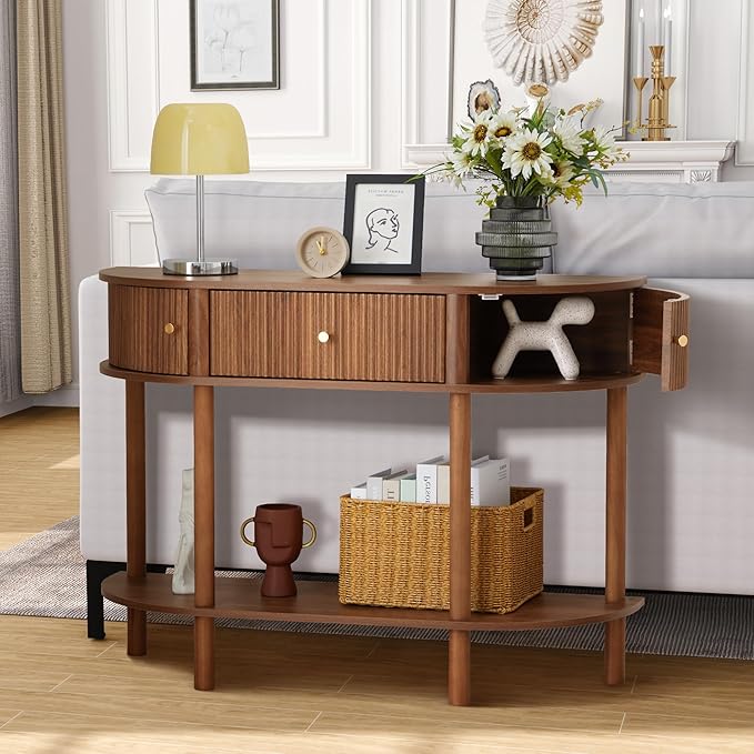 43.3“ Fluted Half Moon Console Table, Modern Entryway Console Sofa Table with Storage, Narrow Wood Accent Tables Behind Couch Tables for Living Room, Hallway, Foyer(Walnut)