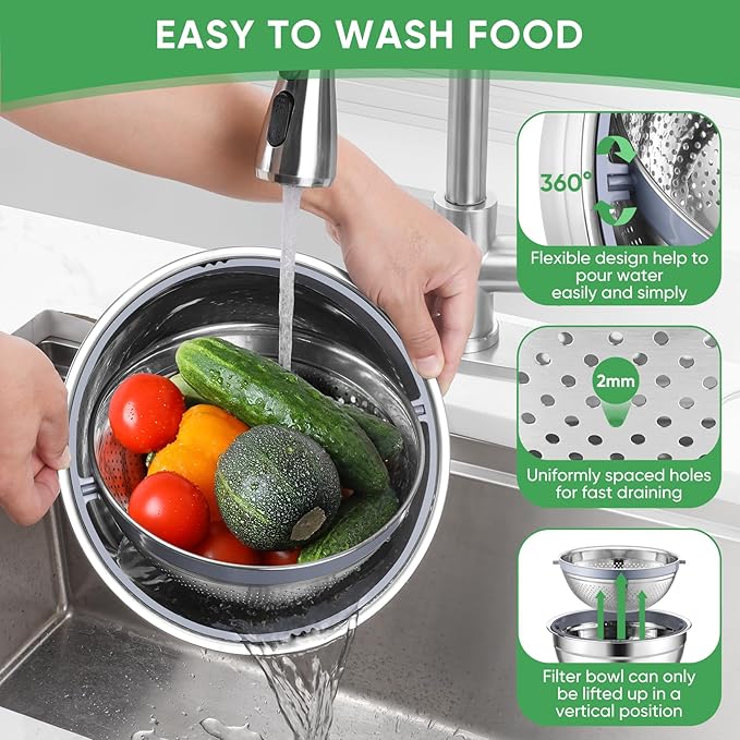 P&P CHEF Mixing Bowls with Lids Set of 3, Stainless Steel Mixing Bowl and Colander for Kitchen, 3 Grater Attachments & Non-Slip Bottoms, Visible & Airtight Lid, Multicolor