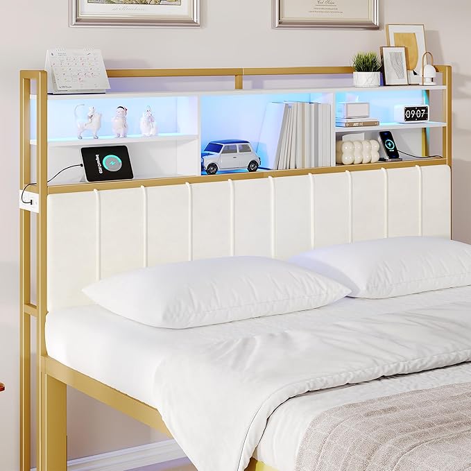 Headboard with 3-Tier Storage Shelves, Velvet Upholstered Head Board with 2 Outlets, USB Ports & LED Light, Soft Backrest for King Size Bed, White and Gold BH19403A