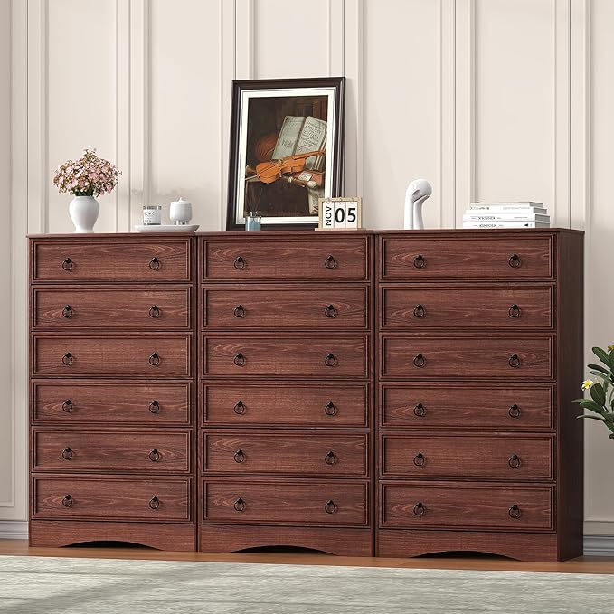 Cherry Wood Dresser 52" Tall for Bedroom, Wood 6 Chest Drawers, 6 Drawer Dresser, Storage for Clothes, Narrow Large Drawers, Vintage, for Living Room, Bedroom, Hallway