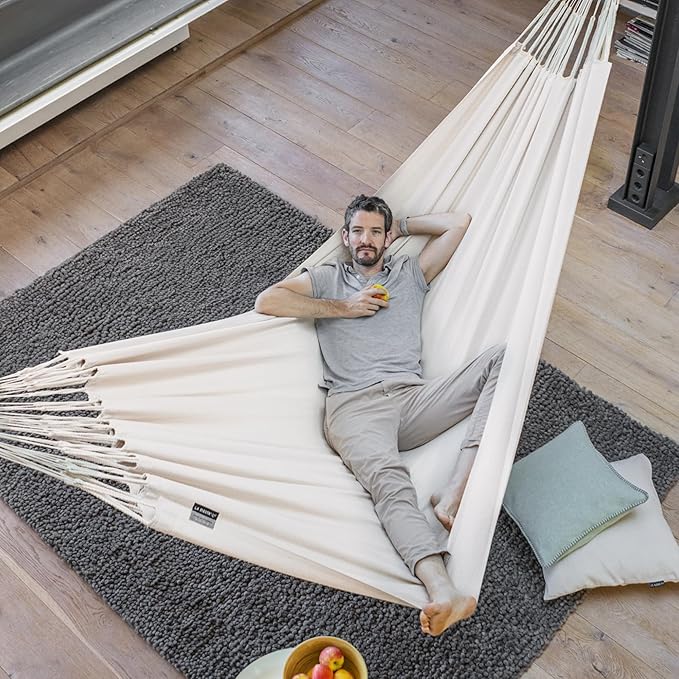 LA SIESTA® Modesta Organic Cotton Hammock - Indoor Outdoor, Bedroom Backyard Porch Patio Tree - Large Fabric Bed, 2 Person - Max 355 Lbs, Double Hammock, Latte