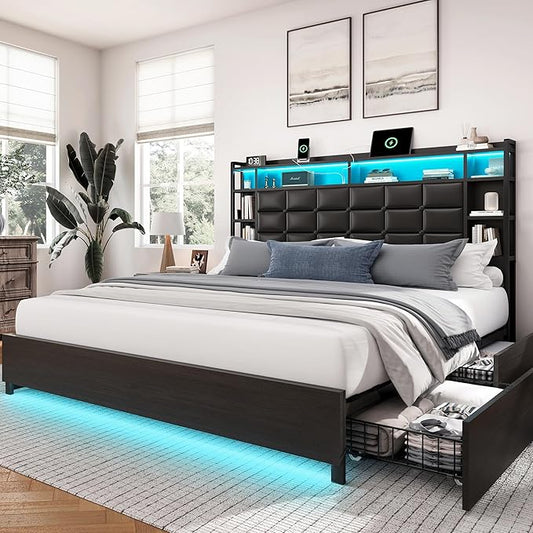 Queen Size Bed Frame with Charging Station and LED Lights Wooden Platform Bed Frame with 4 Storage Drawers and Bookcase Headboard, Faux Leather Upholstered, No Box Spring Needed, Black