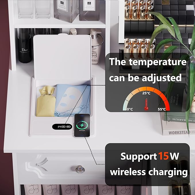 Extra Large Vanity Desk with Mirror and Lights, White Vanity with Bluetooth Speaker, Wireless Charging and Mask Cooler, Multifunctional Makeup Vanity with 9 Drawers for Women (European Style)