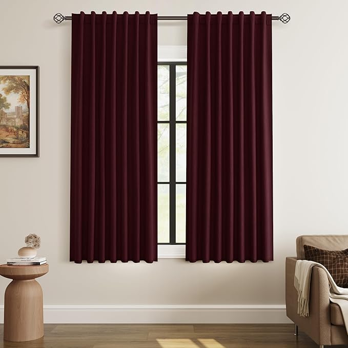Guken Blackout Curtains 63 Inch Length 2 Panels Set for Living Room Bedroom Back Tab Thermal Insulated 100% Black Out Linen Drapes Room Darkening Window Curtains 63 Inches Long,Burgundy