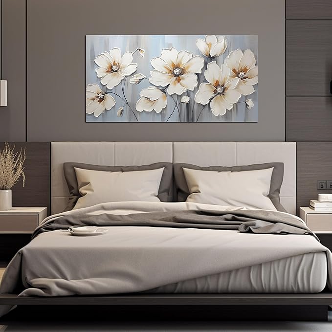 Large Canvas Wall Art Modern Wall Decor White Flower Theme Picture Wall Art with Frame Canvas Decorative Artwork Living Room Bedroom Home Office Hangable Decorative Painting Size 24x48 B