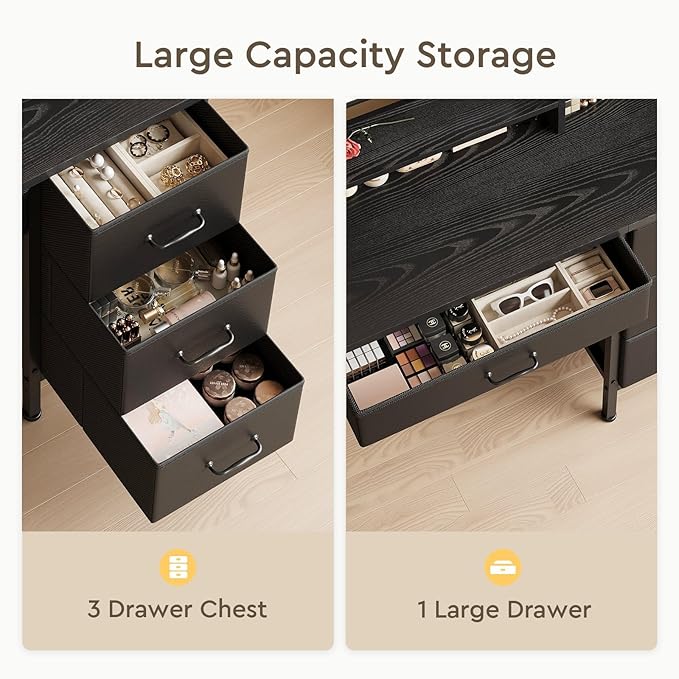 Makeup Vanity Desk with Mirror and Lights, Small Vanity with Fabric Storage Drawer & Chair & Shelves,Black Compact Makeup Vanity Set for Bedroom