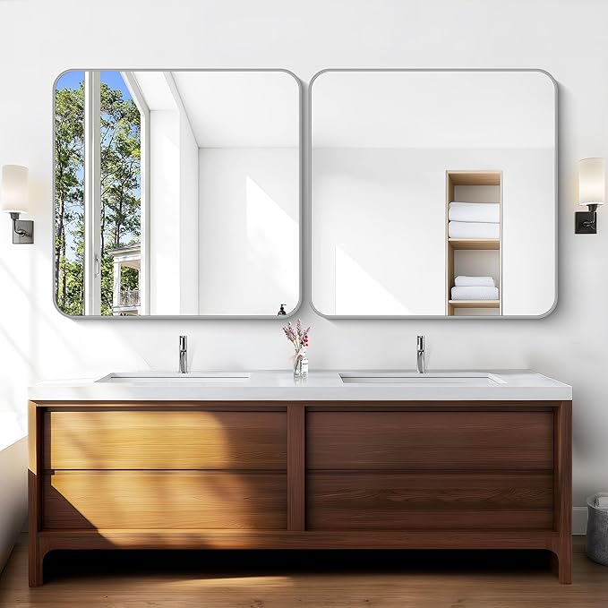 Silver Bathroom Mirror, 42 x 42 Inch Silver Square Mirror, Metal Framed Rectangular Vanity Mirror, Rounded Corner Wall Mounted Mirror for Living Room Bedroom Entryway Hangs Horizontal/Vertical