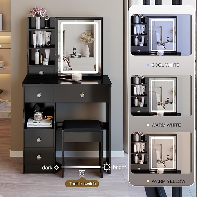 29.2" Small Vanity Desk with Mirror and Lights, Makeup Table with Led Lights and Sliding Mirror, 3 Lighting Colors, Vanity Set with 5 Drawers and Stool for Small Space Bedroom, Black