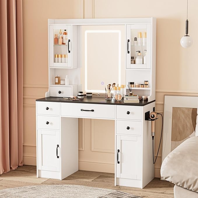 KAMABOKO Vanity Desk with Mirror & LED Lights & Power Outlet, Large Makeup Vanity Table with 6 Drawers and 4 Storage Cabinets, Dressing Table for Bedroom (White&Black)