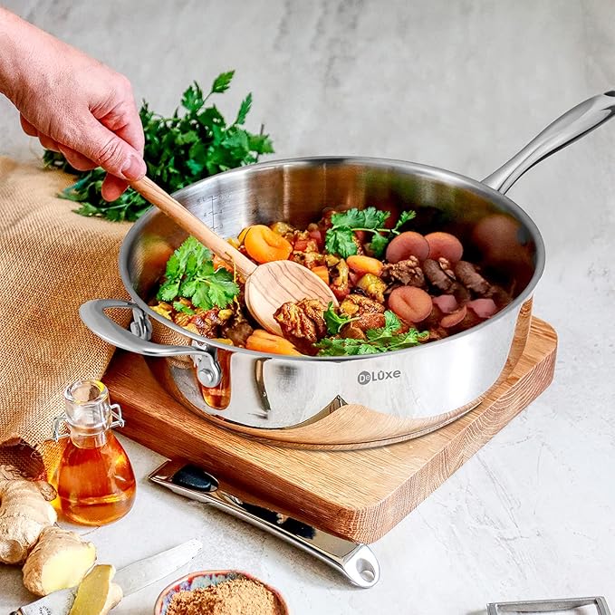 DELUXE 12 Inch Stainless Steel Skillet Frying Pan, Large Pan with Lid and Stay-Cool Handle, 5qt Deep Sauté Pans for Deep-Fry Braise Stew, Multipurpose Cooking Pot for Induction Gas Stove