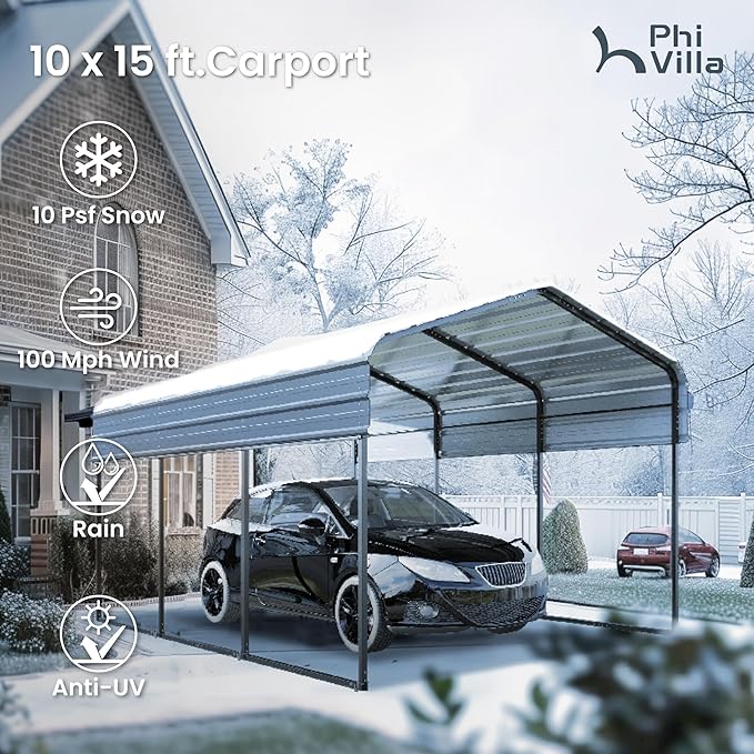 PHI VILLA 10 x 15 ft Heavy Duty Carport with Galvanized Steel Roof Multi-Use Shelter, Sturdy Metal Carport for Cars, Boats, and Tractors