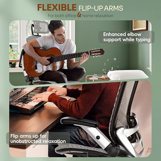 GABRYLLY Ergonomic Office Chair, High Back Home Desk Chair with Headrest, Flip-Up Arms, 90-120° Tilt Lock and Wide Cushion, Big and Tall Mesh Chairs for Man Woman, Grey Task Chair