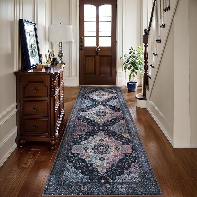 Tangsoo 2.6x8 Washable Runner Rug for Hallways, Non Slip Vintage Runner, Soft Low Pile Long Rug Runner, Print Distressed Navy Carpet Runners for Kitchen Bedroom Entryway Bathroom Living Room