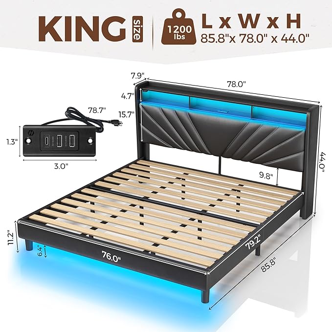Rolanstar King Size Bed Frame, Storage Headboard with Charging Station and LED Lights, Upholstered Bed with Heavy Duty Wood Slats, No Box Spring Needed, Noise Free, Easy Assembly, Black