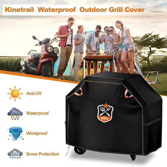 Kinetrail Grill Cover, Universal 58" BBQ Grill Cover for Outdoor Grill, Waterproof, Weather Resistant, Fade Resistant Gas Grill Cover with Adjustable Double Straps for Weber, Char-broil, Nexgrill, etc