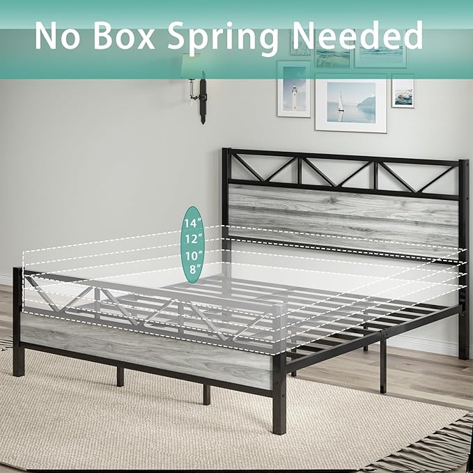 Queen Bed Frame with Headboard, Industrial 51.2" Tall Headboard, Queen Platform Bed Frame with Heavy Duty Metal Slats Support, No Box Spring Needed, Noise-Free, Easy Assembly, Wash Grey