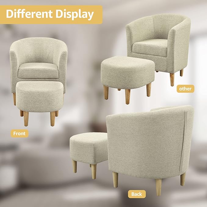 DAZONE Accent Chair, Barrel Chair with Ottoman Comfy Arm Mid Century Modern Footrest Set Comfortable Living Room Chairs Upholstered Club Tub Sofa for Bedroom Reading Beige Set of 1