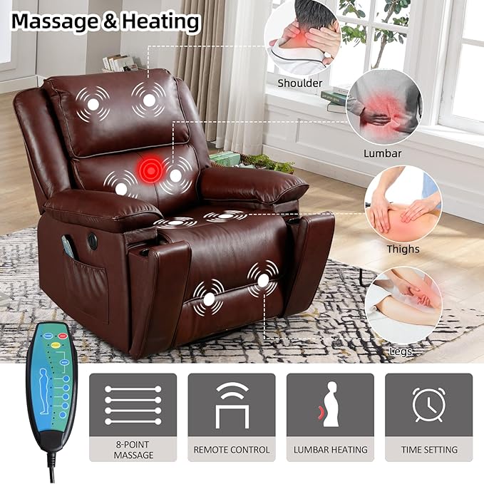 Phoenix Home Genuine Leather Power Lift Recliner Chair with Massage and Heat for Elderly, Electric Reclining Chair with USB Port, Cup Holders, Side Pockets for Living Room Bedroom, Red Brown