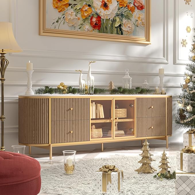Luxury 70" Fluted TV Stand for TVs Up to 75", Modern Entertainment Center with Faux Marble Top, Media Console with Curved Profile Design, Television Stands for Living Room, Wood