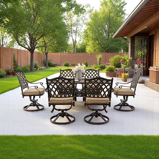 7 Piece Outdoor Dining Set Cast Aluminum Retro Patio Dining Set for 6 Includes 59” Rectangular Table 6 Swivel Chairs with Thicker Cushions and Umbrella Hole for Patio Deck Garden