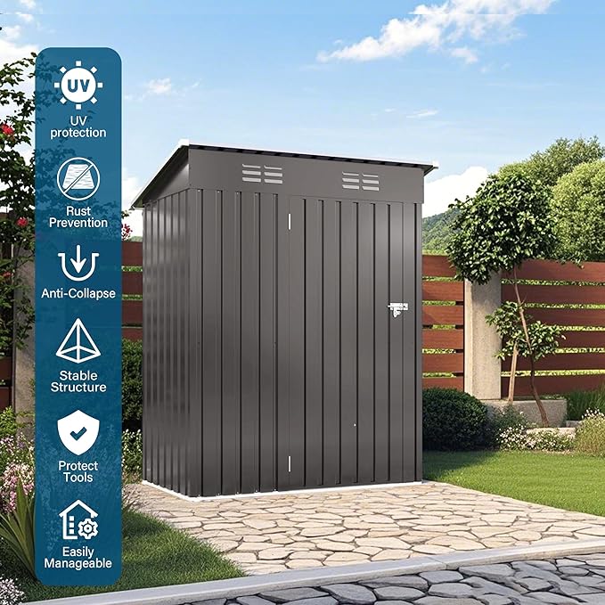 5 x 3 FT Outdoor Storage Shed, Metal Garden Tool Shed with Slooping Roof, Lockable Doors, All-Weather Bike Shed Easy to Assemble for Backyard, Patio, Lawn, Black