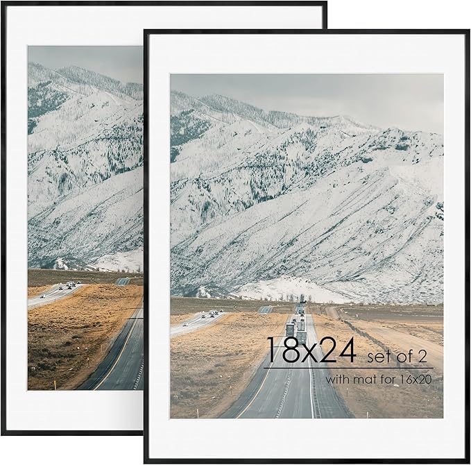 18x24 Metal Picture Frame For Wall With Mat For 16x20, 18''x24'' Aluminum Photo Frames With Tempered Glass, Minimalist Modern Poster Frame Horizontally Vertically Set of 2, Black