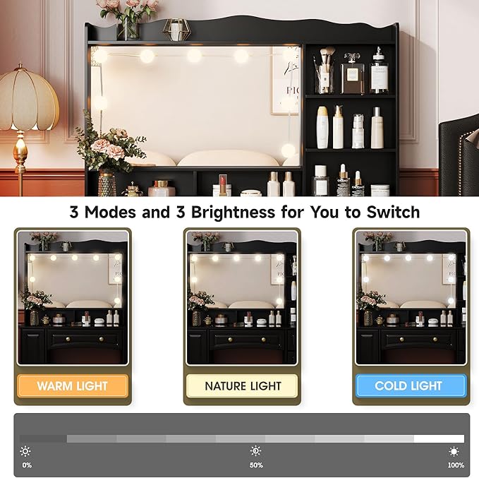 Maupvit Makeup Vanity with Mirror and Lights,Black Vanity Desk with Drawers and Shelves，Large Makeup Table with Glass Top，Bedroom Dressing Table,47.1in