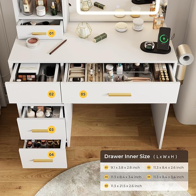 Vanity Desk with Mirror and Lights, 3 Lighting Colors and Power Outlet Makeup Vanity Desk with 5 Large Drawers and 3 Storage Shelves, White Vanity with Storage Stool for Bedroom