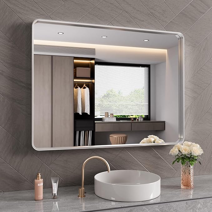 Brushed Nickel Bathroom Mirror 48x40 Inch, Brushed Silver Metal Frame Mirror Wall Mounted, Rounded Rectangle Bathroom Vanity Mirror, Tempered Glass, Anti-Rust, Horizontal/Vertical