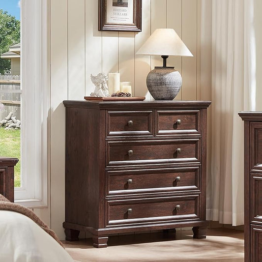Farmhouse 5 Drawer Dresser for Bedroom, 32.6 Inch Tall Vintage Wood Chest of Drawers, Rustic Small Dressers w/Square Wooden Legs, Mid-Century Storage Organizer for Living Room, Walnut