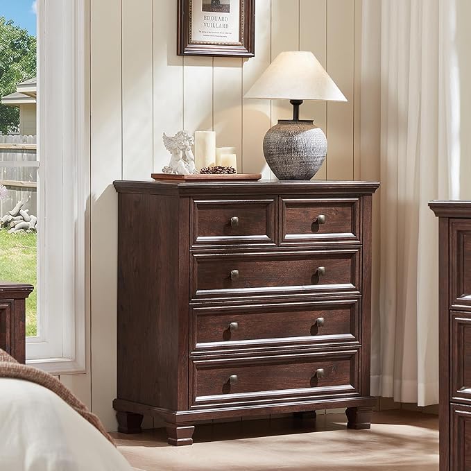 Farmhouse 5 Drawer Dresser Set of 2, 32.6 Inch Tall Vintage Chest of Drawers for Bedroom, Rustic Small Dressers w/Square Solid Wood Legs, Mid Century Storage Organizer for Hallway, Walnut