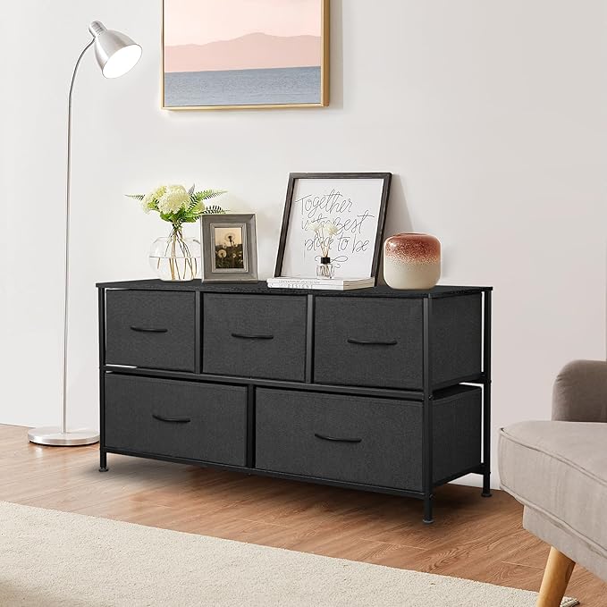 Dresser for Bedroom with 5 Drawers, Chest of Drawers, Storage Drawers Organizer Unit, Black Wide Fabric Dresser with Fabric Bins for Closet, Living Room, Bedroom (Charcoal Black)