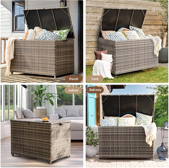 178 Gallon Outdoor Storage Box, Patio Deck Box with 2 Wheels, Handle Large Portable Wicker Rattan Deck Box for Patio Furniture Cushions, Throw Pillows, Garden Tools and Pool Floats (Gray)