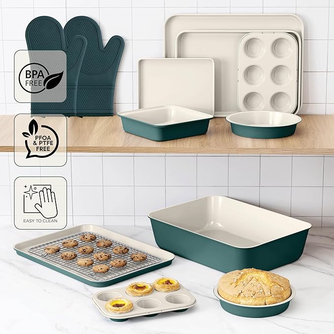 Country Kitchen Nonstick Stackable Bakeware Set - Durable, Easy Release Baking Set, Sage, 13 Pcs