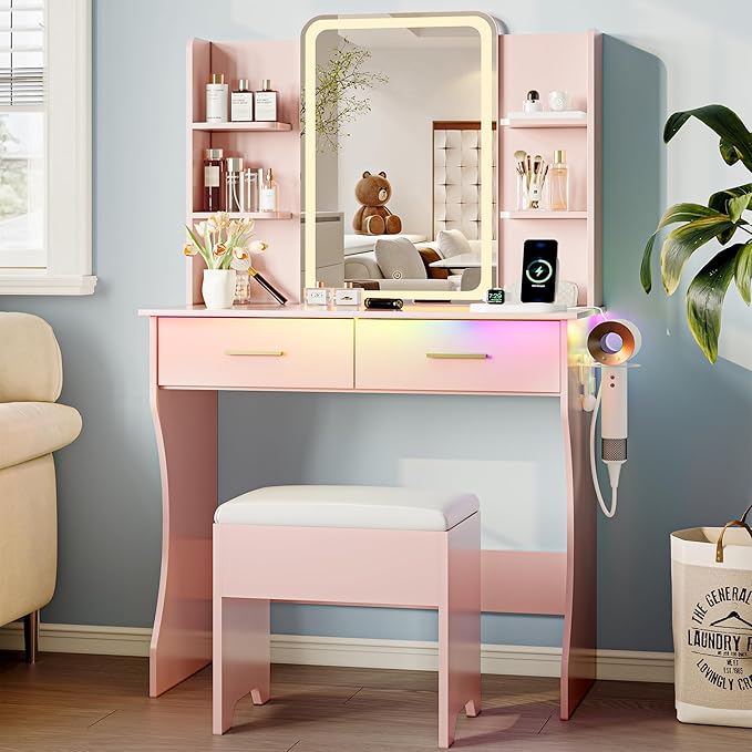 Vanity Desk with LED Lights Mirror & Power Outlet, Small Makeup Vanity Table Set with Storage Drawers & Chair, 3 Lighting Modes & Adjustable Brightness, Dressing Table for Women Girls Bedroom, Pink