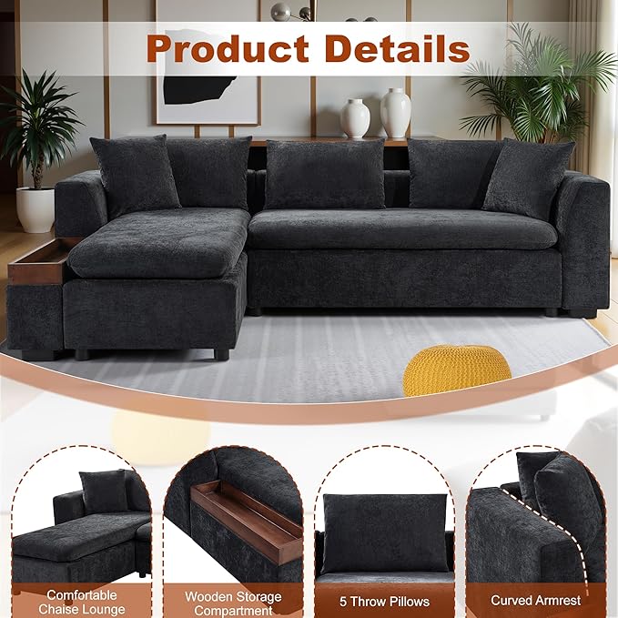 93.7" Sectional Couch, Upholstered Modular Sofa L Shaped Couch with Storage Compartment, Sectional Couches for Living Room and Office, Black